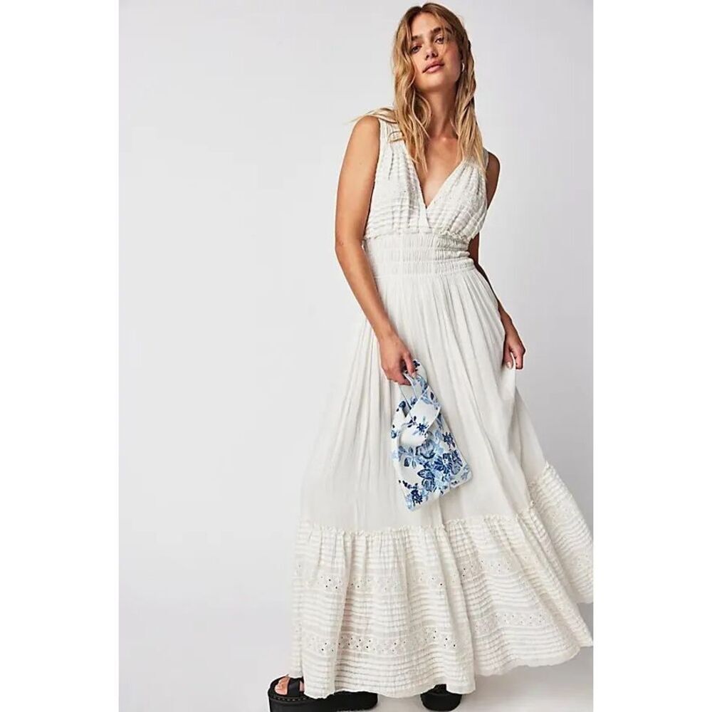 Free People FP One White Gauze Eyelet Smocked Plunge Maxi Dress Boho